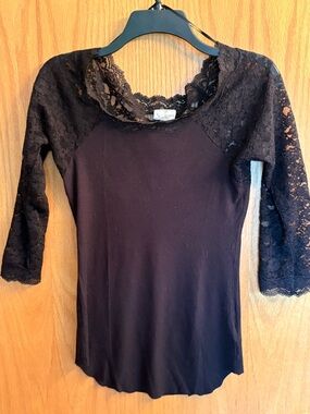Free People Black Lace Knit Top with Sheer Detail Sz M